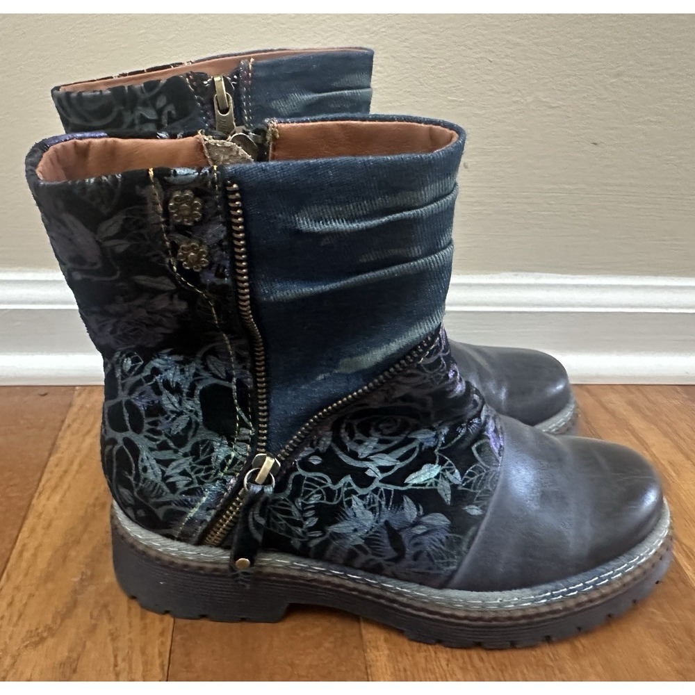 L'Artiste Avrilrose Boots EU 39 US 8 Floral Leather Denim Boho Zip Artsy
